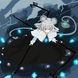 Rule 34 | 1girl, abe kanari, animal ears, basket, capelet, cloud, dowsing rod, dress, female focus, glaring, glowing, grey hair, holding, holding with tail, jewelry, lightning, mouse ears, mouse tail, nazrin, necklace, prehensile tail, red eyes, solo, tail, touhou