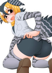 Rule 34 | bagua zhang, black hair, blonde hair, cameltoe, campo flicker (kemono friends), cleft of venus, from behind, from below, glasses, head wings, kemono friends, kneeling, long sleeves, multicolored hair, open mouth, presenting, red eyes, shirt, short hair, short sleeves, skirt, solo, tail, thighhighs, underwear, white background, wings, zettai ryouiki