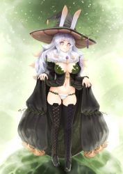 Rule 34 | &gt;:3, 1girl, :3, barbariank, black dress, blonde hair, boots, breasts, center opening, clothes lift, cross-laced footwear, dress, dress lift, full body, gradient hair, groin, hat, highres, juliet sleeves, large breasts, long dress, long hair, long sleeves, looking at viewer, luminous arc, luminous arc infinity, multicolored hair, navel, panties, puffy sleeves, purple eyes, silver hair, solo, symbol-shaped pupils, tassel, thigh boots, thighhighs, triangle-shaped pupils, two-tone hair, underwear, v-shaped eyebrows, violet (luminous arc), wavy hair, witch hat