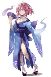 Rule 34 | 1girl, absurdres, black footwear, blue kimono, blue sash, blush, breasts, cleavage, collarbone, commentary request, artistic error, extra digits, folding fan, full body, grin, hair between eyes, hand fan, hand up, highres, hitodama, holding, holding fan, japanese clothes, kani nyan, kimono, long sleeves, looking at viewer, medium breasts, no headwear, obi, parted lips, pink eyes, pink hair, saigyouji yuyuko, sandals, sash, shadow, short hair, side slit, simple background, smile, socks, solo, standing, thighs, touhou, triangular headpiece, white background, white socks, wide sleeves