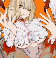 Rule 34 | 1girl, absurdres, blonde hair, blood, blood on chest, blood on clothes, blood on neck, breasts, chimera, dragon wings, dungeon meshi, falin touden, falin touden (chimera), feathered dragon, fingernails, highres, large breasts, looking at viewer, monster girl, sailen0, sharp fingernails, short hair, slit pupils, torn clothes, upper body, wings, yellow eyes