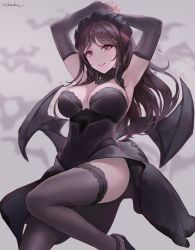 Rule 34 | 1girl, :d, armpits, arms behind head, arms up, artist name, bad id, bad pixiv id, bat (animal), bat wings, black dress, black hair, black headwear, black thighhighs, black wings, blurry, blurry background, breasts, chowbie, cleavage, commentary request, depth of field, detached collar, detached sleeves, dress, grey background, highres, leg up, long hair, long sleeves, looking at viewer, looking away, looking down, medium breasts, open mouth, original, parted bangs, purple eyes, revision, smile, solo, standing, standing on one leg, strapless, strapless dress, thighhighs, thighs, wings