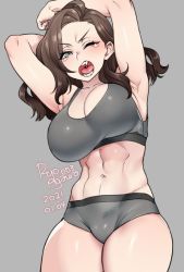 Rule 34 | 1girl, 2021, abs, agawa ryou, armpits, arms up, breasts, brown hair, commentary, dated, fangs, furrowed brow, green eyes, grey background, large breasts, long hair, midriff, muscular, muscular female, navel, one eye closed, open mouth, original, signature, simple background, solo, standing, stretching, tears, teeth, thick thighs, thighs, tongue, uvula, watermark