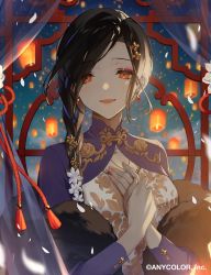 Rule 34 | 1girl, black scarf, braid, breasts, brown eyes, china dress, chinese clothes, copyright notice, dress, earrings, fur scarf, hair behind ear, hand on own chest, jewelry, lantern, long hair, looking at viewer, medium breasts, nail polish, namakawa, nijisanji, official art, open mouth, pink nails, red eyes, scarf, shirayuki tomoe, smile, solo, virtual youtuber, white dress, window