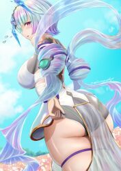 Rule 34 | 1girl, adjusting clothes, ass, ass focus, bare shoulders, blush, breasts, detached sleeves, embarrassed, fire emblem, fire emblem heroes, flying sweatdrops, from behind, from below, highres, huge ass, large breasts, looking back, looking down, matoimangekyo, multicolored hair, nintendo, open mouth, purple eyes, rainbow hair, seidr (fire emblem), shawl, short hair, short shorts, shorts, sideboob, solo, thick thighs, thigh strap, thighs