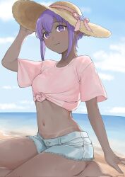 Rule 34 | 1girl, alternate costume, arm support, arm up, beach, blue shorts, blue sky, closed mouth, dark-skinned female, dark skin, denim, denim shorts, fate/grand order, fate (series), hand on headwear, hassan of serenity (fate), hat, hat ribbon, highres, hyakuashi2525, light blush, looking at viewer, midriff, navel, ocean, outdoors, pink ribbon, pink shirt, purple eyes, purple hair, ribbon, sand, shirt, short hair, short shorts, short sleeves, shorts, signature, sitting, sky, solo, straw hat, sweat, t-shirt, tan, tanline, tied shirt
