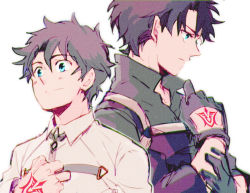 Rule 34 | 1boy, black hair, blue eyes, buckle, chaldea uniform, chromatic aberration, command spell, fate/grand order, fate (series), fujimaru ritsuka (male), fujimaru ritsuka (male) (polar chaldea uniform), gloves, glowing, glowing eyes, grey background, grey hair, hand on own chest, hand up, highres, jacket, looking away, military, military uniform, popped collar, profile, simple background, sketch, uniform, upper body, variations, white jacket, yuki 1217k