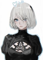 Rule 34 | 1girl, 2b (nier:automata), black dress, blue eyes, breasts, d.k, dress, expressionless, grey hair, heart, looking at viewer, mole, mole under mouth, nier:automata, nier (series), short hair, simple background, sketch, small breasts, solo, upper body, white background