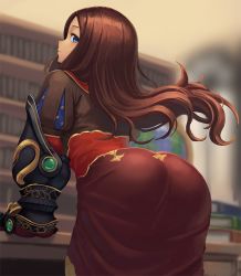 Rule 34 | 1girl, arched back, ass, ass focus, blue eyes, blurry, blurry background, book, book stack, bookshelf, brown dress, brown hair, closed mouth, commentary request, dress, fate/grand order, fate (series), floating hair, from behind, globe, indoors, leaning forward, leonardo da vinci (fate), long hair, looking at viewer, looking back, mechanical arms, print sleeves, profile, puff and slash sleeves, puffy short sleeves, puffy sleeves, ranma (kamenrideroz), short sleeves, single mechanical arm, smile, solo, standing, star (symbol), star print