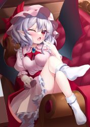 Rule 34 | 1girl, ;o, absurdres, ascot, bat wings, breasts, commentary, crossed legs, dress, fang, frilled skirt, frills, full body, grey hair, hat, highres, large breasts, legs, looking at viewer, medium hair, mob cap, no shoes, one eye closed, open mouth, pink dress, pink hat, pointy ears, red ascot, red eyes, remilia scarlet, s vileblood, short sleeves, sitting, skin fang, skirt, slit pupils, socks, solo, touhou, white socks, wings, yawning