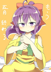 Rule 34 | 1girl, ahoge, bow, closed mouth, clothing cutout, dress, green bow, hair between eyes, hair bow, hand in own hair, long sleeves, looking at viewer, matsu kitsune, medium hair, orange background, ponytail, pout, purple eyes, purple hair, red bow, rengeteki (touhou), shoulder cutout, solo, touhou, touhou (pc-98), wide sleeves, yellow dress
