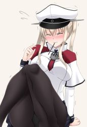 Rule 34 | 1girl, black panties, black pantyhose, breasts, capelet, celtic knot, closed eyes, commentary request, cross, facing viewer, flying sweatdrops, food, fuuma nagi, gloves, graf zeppelin (kancolle), grey background, hair between eyes, hat, iron cross, kantai collection, large breasts, long hair, military, military hat, military uniform, miniskirt, mouth hold, necktie, panties, panties under pantyhose, pantyhose, peaked cap, pleated skirt, pocky, sidelocks, simple background, sitting, skirt, smile, solo, twintails, twitter username, underwear, uniform, white background, white hat