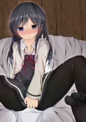 Rule 34 | 10s, 1girl, asashio (kancolle), belt, black hair, black pantyhose, blue eyes, blush, couch, covering privates, covering crotch, dress, embarrassed, highres, kantai collection, long hair, long sleeves, neck ribbon, nishihata kei, open mouth, pantyhose, pinafore dress, red ribbon, ribbon, shirt, sitting, sleeveless, sleeveless dress, solo, spread legs, white shirt