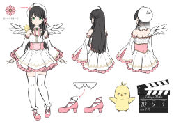 Rule 34 | 1girl, animal, aoi thomas, arrow (symbol), bare shoulders, beret, bird, black hair, blush, breasts, character sheet, chick, closed mouth, copyright request, detached sleeves, feathered wings, full body, green eyes, hat, long sleeves, medium breasts, multiple views, pink footwear, pleated skirt, shirt, shoes, simple background, skirt, sleeves past wrists, smile, standing, thighhighs, translation request, virtual youtuber, white background, white headwear, white shirt, white skirt, white sleeves, white thighhighs, white wings, wide sleeves, wings