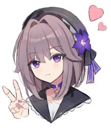 Rule 34 | 1girl, alternate hair length, alternate hairstyle, anaketsu, beret, black hat, choker, commentary request, grey hair, hand up, hat, heart, herta (honkai: star rail), highres, honkai: star rail, honkai (series), looking at viewer, purple choker, purple eyes, short hair, simple background, smile, solo, v, white background