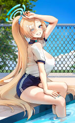 Rule 34 | 1girl, absurdres, asuna (blue archive), blue archive, blue eyes, foxyreine, highres, light brown hair, looking at viewer, nail polish, outdoors, shirt, short sleeves, sitting, smile, solo, white shirt