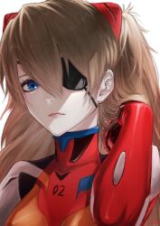 Rule 34 | 1girl, bodysuit, breasts, evangelion: 3.0 you can (not) redo, expressionless, eyepatch, floating hair, hand in own hair, interface headset, lips, long hair, looking at viewer, matumatu2343, medium breasts, neon genesis evangelion, pilot suit, plugsuit, rebuild of evangelion, red bodysuit, simple background, solo, souryuu asuka langley, white background