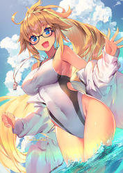 Rule 34 | 1girl, :d, armpits, bare shoulders, black-framed eyewear, blue eyes, blue sky, breasts, brown hair, cloud, commentary request, competition swimsuit, copyright name, covered navel, day, fate/grand order, fate (series), glasses, impossible clothes, impossible swimsuit, jacket, jeanne d&#039;arc (fate), jeanne d&#039;arc (ruler) (fate), jeanne d&#039;arc (swimsuit archer) (fate), jeanne d&#039;arc (swimsuit archer) (second ascension) (fate), large breasts, long hair, looking at viewer, off shoulder, one-piece swimsuit, open clothes, open jacket, open mouth, outdoors, sky, smile, solo, standing, sunlight, swimsuit, tan, tanline, thighs, very long hair, wading, water, whistle, white jacket, white one-piece swimsuit, yoshimoto (dear life)