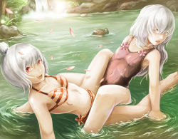 Rule 34 | 2girls, arm support, bad id, bad pixiv id, bikini, clothed sex, face, flat chest, grey eyes, long hair, looking at viewer, multiple girls, navel, one-piece swimsuit, open mouth, original, partially submerged, rebe11, red eyes, short hair, silver hair, smile, striped, swimsuit, tribadism, tribadism through clothes, water, waterfall, yuri