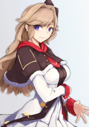 Rule 34 | 1girl, arm under breasts, azur lane, black capelet, blue background, breasts, brown ribbon, capelet, coat, commentary request, cowboy shot, dorsetshire (azur lane), dress, fur-trimmed capelet, fur trim, hair intakes, hair ribbon, highres, long hair, long sleeves, looking at viewer, marshall k, medium breasts, neckerchief, red neckerchief, ribbon, sidelocks, simple background, smile, solo, standing, white coat, white dress