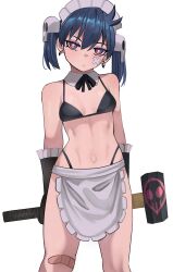 Rule 34 | 1girl, apron, arms behind back, bandaid, bandaid on cheek, bandaid on face, bandaid on knee, bandaid on leg, bare shoulders, bikini, black bikini, black gloves, black ribbon, blue hair, breasts, bright pupils, closed mouth, commentary, crossed bandaids, detached collar, earrings, elbow gloves, english commentary, expressionless, gloves, hair between eyes, hair ornament, hammer, head tilt, highleg, highleg bikini, highres, holding, holding hammer, jewelry, ji-yoon (jourd4n), jourd4n, maid, maid apron, maid headdress, navel, neck ribbon, original, pink eyes, ribbon, simple background, skull hair ornament, sledgehammer, small breasts, solo, standing, stomach, swimsuit, thong bikini, toned, twintails, waist apron, white apron, white background, white pupils