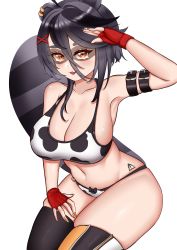 Rule 34 | 1girl, absurdres, alternate breast size, animal ears, animal print, bare shoulders, belt, breasts, brown hair, cleavage, cow print, cow print bikini, gloves, hachi (888hachi), hair between eyes, hair ornament, highres, indie virtual youtuber, large breasts, official alternate costume, orange eyes, print bikini, raccoon ears, raccoon girl, raccoon tail, red gloves, simple background, snuffy (vtuber), snuffy (vtuber) (smilfy), solo, tail, thighhighs, thighs, tongue, tongue out, virtual youtuber, white background