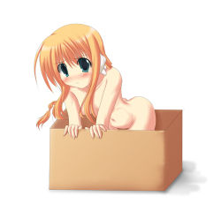Rule 34 | 00s, 1girl, android, blonde hair, blush, box, cardboard box, embarrassed, in box, in container, jaeger, leaning forward, long hair, lowres, nude, robot ears, silfa (to heart), solo, to heart (series), to heart 2