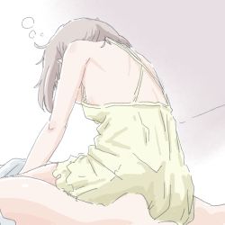 Rule 34 | 1girl, bare legs, bare shoulders, barefoot, breasts, commentary request, from behind, from below, grey hair, nightgown, short hair, shoulder blades, sideboob, sitting, sleepy, sleeveless, small breasts, solo, wariza, yama no susume, ykr (youkiri), yukimura aoi