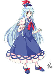 Rule 34 | 1girl, blue dress, blue footwear, blue hair, blue headwear, bow, brown eyes, closed mouth, commentary request, dress, footwear bow, full body, highres, kamishirasawa keine, long hair, looking at viewer, neckerchief, partial commentary, puffy short sleeves, puffy sleeves, red bow, red neckerchief, short sleeves, sidelocks, signature, simple background, smile, solo, standing, touhou, umigarasu (kitsune1963), very long hair, white background