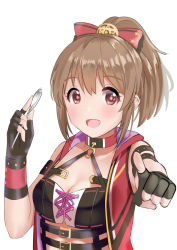 Rule 34 | 1girl, :d, bare shoulders, belt, black gloves, blush, bow, breasts, brown hair, choker, cleavage, crop top, fingerless gloves, gloves, hair bow, hand up, holding, holding spoon, hood, hood down, hooded jacket, hori yuuko, idolmaster, idolmaster cinderella girls, jacket, koukoku, long hair, looking at viewer, open clothes, open jacket, open mouth, pointing, ponytail, red bow, red eyes, red jacket, sidelocks, simple background, sleeveless, sleeveless jacket, small breasts, smile, solo, spoon, spork, star (symbol), upper body, white background