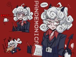 Rule 34 | 1girl, black gloves, black horns, black jacket, black tail, breasts, business suit, character name, clipboard, closed mouth, coffee, coffee mug, collared shirt, cup, curly hair, demon girl, demon horns, demon tail, english text, exhausted, formal, glasses, gloves, helltaker, highres, holding, holding cup, horns, jacket, long sleeves, looking at viewer, medium breasts, medium hair, meme, mug, multiple views, naui kudan, open mouth, pandemonica (helltaker), pen, ponytail, portal (series), red background, red eyes, red shirt, shirt, short hair, simple background, sleepy, small breasts, smile, speech bubble, steam, suit, tail, the cake is a lie (meme), upper body, white hair