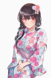 Rule 34 | 1girl, alternate costume, bad id, bad twitter id, black hair, commentary request, cowboy shot, floral print, flower, fusou (kancolle), hair flower, hair ornament, hands on lap, highres, invisible chair, japanese clothes, kantai collection, kimono, long hair, looking at viewer, miyako (rgrayt), red eyes, simple background, sitting, solo, v arms, white background, yukata