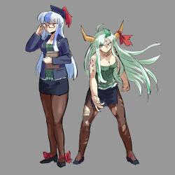 Rule 34 | 2girls, alternate costume, bare shoulders, blue hair, blue headwear, blue jacket, book, breasts, dual persona, elf, ex-keine, extra ears, full body, glasses, green hair, highres, holding, holding book, horn ornament, horn ribbon, horns, jacket, kaibootsu, kamishirasawa keine, long hair, looking at viewer, medium breasts, multicolored hair, multiple girls, pantyhose, pencil skirt, pointy ears, red eyes, ribbon, skirt, smile, torn clothes, torn pantyhose, touhou