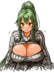 Rule 34 | 1girl, blush, breasts, cleavage, cleavage cutout, clothing cutout, green hair, huge breasts, long hair, long sleeves, looking at viewer, meme attire, motion lines, open-chest sweater, original, ponytail, ribbed sweater, sachito, sidelocks, simple background, solo, sumi-chan (sachito), sweater, turtleneck, white background, yellow eyes