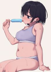 Rule 34 | 1girl, absurdres, bare shoulders, belly, black eyes, black hair, blush, bouen, bra, breasts, cleavage, commission, food, grey bra, grey panties, highres, medium breasts, muffin top, navel, original, panties, pixiv commission, plump, popsicle, short hair, simple background, sitting, solo, stomach, sweat, tongue, tongue out, underwear, underwear only, white background