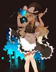 Rule 34 | 1girl, aooni, apron, bad id, bad pixiv id, black background, black hat, black skirt, black vest, blonde hair, bow, character name, copyright name, cowboy shot, frilled apron, frilled hat, frilled skirt, frilled sleeves, frills, green bow, hair between eyes, hair bow, hair ribbon, hand on headwear, hat, hat bow, highres, kirisame marisa, long hair, puffy short sleeves, puffy sleeves, ribbon, shirt, short sleeves, skirt, smile, solo, space print, star-shaped pupils, star (symbol), starry sky print, symbol-shaped pupils, touhou, tress ribbon, very long hair, vest, waist apron, white apron, white bow, white shirt, witch hat, yellow eyes