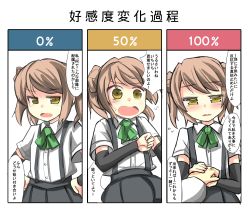 Rule 34 | 10s, 1boy, 1girl, admiral (kancolle), arm up, black skirt, brown hair, double bun, flying sweatdrops, gaoo (frpjx283), hair bun, hands on own hips, highres, kantai collection, long sleeves, michishio (kancolle), out of frame, pleated skirt, short hair, short sleeves, simple background, skirt, suspenders, sweat, translation request, wavy mouth, white background