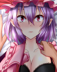 Rule 34 | 1girl, aged up, alternate breast size, bad id, bad pixiv id, black bra, blush, bra, breasts, cleavage, hat, highres, large breasts, lying, mob cap, on back, pointy ears, pov, pov hands, purple hair, red eyes, remilia scarlet, short hair, solo focus, touhou, underwear, undressing, zellam