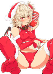 Rule 34 | 1girl, aged up, alternate costume, alternate headwear, artificial vagina, blonde hair, blush, breasts, bridal gauntlets, collar, covered erect nipples, crop top, crotch, elbow gloves, eyebrows, eyelashes, feet, female focus, flandre scarlet, foot focus, gloves, hair ribbon, hat, highres, imizu (nitro unknown), latex, latex gloves, looking at viewer, md5 mismatch, midriff, navel, no shoes, open mouth, panties, parted lips, red eyes, red panties, red thighhighs, ribbon, santa costume, santa hat, sex toy, shiny clothes, shiny skin, short hair, side-tie panties, side ponytail, simple background, sitting, smile, solo, spread legs, tenga, thick eyebrows, thighhighs, touhou, underwear, white background, wings