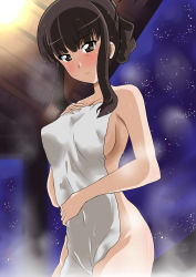 Rule 34 | 1girl, absurdres, alternate hairstyle, black eyes, black hair, blunt bangs, blush, breasts, closed mouth, commentary, covering privates, frown, girls und panzer, hair up, hand on own chest, highres, holding, holding towel, looking at viewer, mature female, medium breasts, naked towel, night, night sky, nishizumi shiho, nude cover, onsen, short hair, sidelocks, sky, solo, standing, star (sky), starry sky, steam, towel, wakku kan