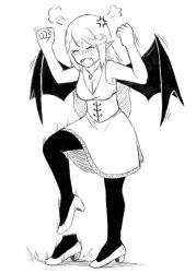 Rule 34 | 1girl, puff of air, anger vein, angry, arms up, bat wings, blush, breasts, cleavage, clenched hands, commentary, dress, closed eyes, fangs, greyscale, high heels, kurovah, long dress, long hair, medallion, monochrome, monster girl, monster girl encyclopedia, open mouth, original, pantyhose, pointy ears, simple background, solo, stamp, stomping, undead, vampire, vampire (monster girl encyclopedia), white background, wings
