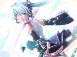 Rule 34 | 1girl, akino coto, aqua eyes, aqua hair, aqua necktie, bare shoulders, black legwear, black skirt, black sleeves, bloom, detached sleeves, fang, grey shirt, hair ornament, hatsune miku, headset, long hair, looking at viewer, necktie, open mouth, outstretched arm, shirt, shoulder tattoo, skin fang, skirt, smile, solo, tattoo, twintails, very long hair, vocaloid