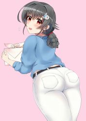 Rule 34 | 1girl, ass, belt, black belt, black hair, blue shirt, folded, from behind, hair flaps, hair ornament, highres, jingei (kancolle), kantai collection, long hair, low ponytail, official alternate costume, otobi, pants, red eyes, shirt, solo, whale hair ornament, white pants
