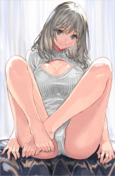Rule 34 | 1girl, ass, barefoot, blush, breasts, cleavage, cleavage cutout, closed mouth, clothing cutout, feet, green eyes, grey hair, hair between eyes, large breasts, legs, leotard, long hair, long sleeves, looking at viewer, meme attire, open-chest sweater, original, ran&#039;ou (tamago no kimi), ribbed leotard, ribbed sweater, smile, solo, sweater, thighs, white sweater