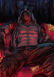Rule 34 | 1boy, abs, bara, blood, dark, dead by daylight, embers, fire, gloves, haiki (tegusu), hand on weapon, highres, hood, hoodie, jacket, looking at viewer, lying, male focus, manly, mask, mature male, muscular, muscular male, navel, neck tattoo, nipples, on back, open clothes, open jacket, pants, pectorals, solo, spread legs, tattoo, the legion (dead by daylight), unzipped, weapon