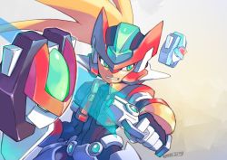 Rule 34 | 1boy, artist name, blonde hair, clenched teeth, commentary request, cowboy shot, dated, energy sword, green hair, helmet, holding, holding sword, holding weapon, long hair, looking to the side, male focus, mega man (series), mega man zx, model zx (mega man), robot ears, shaded face, simple background, solo, sword, teeth, tomycase, vent (mega man), weapon