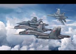 Rule 34 | absurdres, air-to-air missile, aircraft, airplane, cloud, cloudy sky, commentary request, fighter jet, highres, jet, kh-31, military vehicle, mirroraptor, missile, original, r-73 vympel, red star, russian air force, russian commentary, sky, star (symbol), su-34, vehicle focus