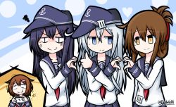 Rule 34 | 4girls, akatsuki (kancolle), anchor symbol, anger vein, black hat, black skirt, blue eyes, blush, brown hair, cellphone, closed mouth, collarbone, commentary, flat cap, folded ponytail, hair between eyes, hair ornament, hairclip, hat, heart, heart hands, heart hands duo, heart hands failure, hibiki (kancolle), highres, holding, holding phone, ikazuchi (kancolle), inazuma (kancolle), kantai collection, laughing, long hair, long sleeves, meme, multiple girls, neckerchief, phone, pleated skirt, purple hair, raythalosm, red neckerchief, rejection, school uniform, serafuku, shirt, skirt, smartphone, smile, squiggle, thumbs up, trembling, very long hair, wavy mouth, white hair, white shirt, yellow eyes, yuri