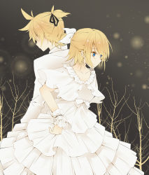 Rule 34 | 1boy, 1girl, back-to-back, blonde hair, blue eyes, bow, branch, brother and sister, collar, collarbone, dress, formal, frilled collar, frilled cuffs, frilled dress, frills, hair bow, hair ornament, hair ribbon, hairclip, highres, kagamine len, kagamine rin, layered dress, light particles, pale skin, ribbon, scrunchie, siblings, skirt hold, suit, tuxedo, twins, varinr, vocaloid, white dress, white suit, wrist cuffs, wrist scrunchie