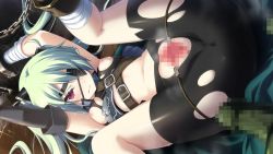 Rule 34 | 1boy, 1girl, arms up, bdsm, blush, bound, breasts, breasts out, censored, chain, closed mouth, cuffs, dmm, elbow gloves, eushully, feet out of frame, from above, frown, game cg, gloves, green hair, gym shorts, hair between eyes, handcuffs, himegari imperial meister, leg lift, long hair, lying, medium breasts, mosaic censoring, navel, on back, on floor, on ground, one eye covered, parted lips, pussy, red eyes, shiny skin, shorts, solo focus, spread legs, spread pussy, sweat, teeth, thighs, torn clothes, twintails, yano mitsuki (nanairo)